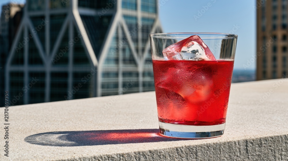 Fototapeta premium Red cocktail glass with ice on rooftop ledge against blurred city skyline for beverage ad background and summer poster design