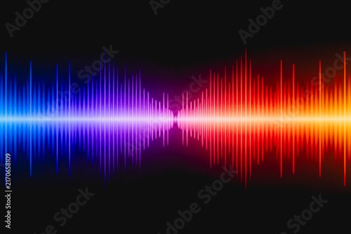 A vibrant colorful sound wave visualization with blue-to-red gradient, representing audio frequency and amplitude for digital media.