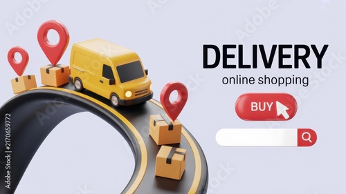 3d render of a yellow delivery van on a curved road with cardboard boxes and red map pins for online shopping logistics and order tracking concept on light background