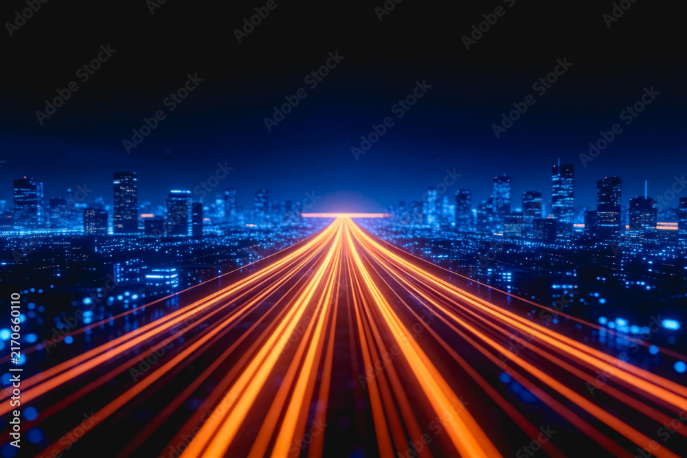 Obraz premium Long exposure light trails stretch toward a glowing modern city skyline at night, representing urban technology and speed.