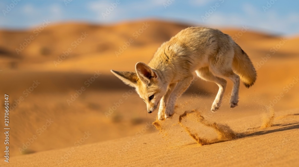 Naklejka premium Fennec Fox in Desert Dune: A fennec fox with its distinctive large ears leaps gracefully over a desert dune, kicking up sand as it moves. The arid landscape is bathed in the warm light of the sun.