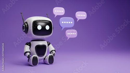 A cute white robotic character sitting on a solid purple background, with floating speech, bubbles containing dots, representing digital communication, and artificial intelligence chat