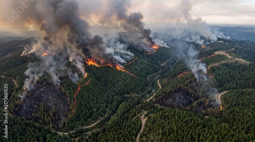 Forest wildfire burning dense woodland vegetation with massive black smoke clouds