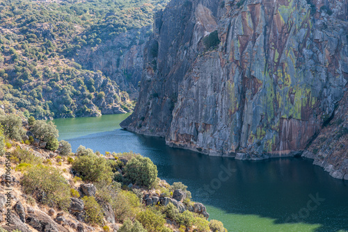 Duero River and vertical rock walls of the Arribes del Duero, Miranda do Douro, Portugal. Arribes del Duero Natural Park.
