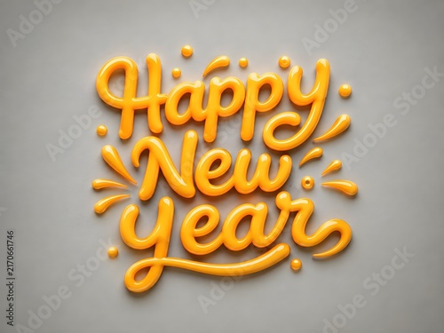 Happy new year, 3 d glossy yellow lettering on gray background
