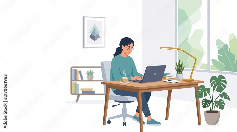 Fototapeta premium Remote Work Home Office Flat Vector Illustration