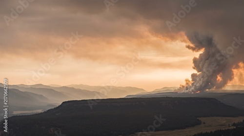 Forest Wildfire burning through mountain landscape with massive smoke plume filling the sky