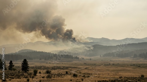 Forest Wildfire burning through mountain trees with thick heavy smoke plume rising in sky