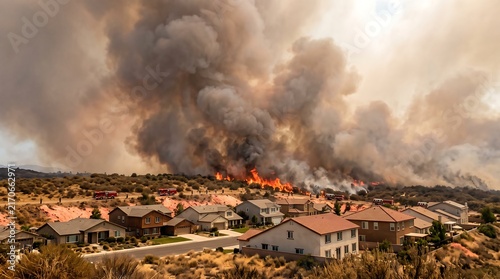 Forest wildfire threatening suburban neighborhood with thick smoke and destructive flames