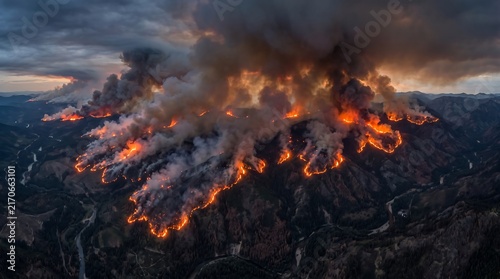Forest Wildfire spreading rapidly across mountain range with massive smoke plumes and intense flames