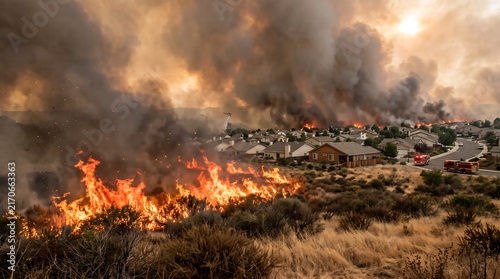 Forest Wildfire threatening suburban neighborhood with huge flames and thick smoke hazard