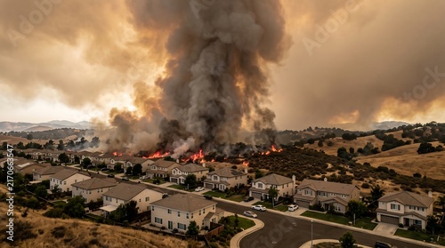 Forest wildfire threatening suburban neighborhood with thick smoke cloud and flame destruction
