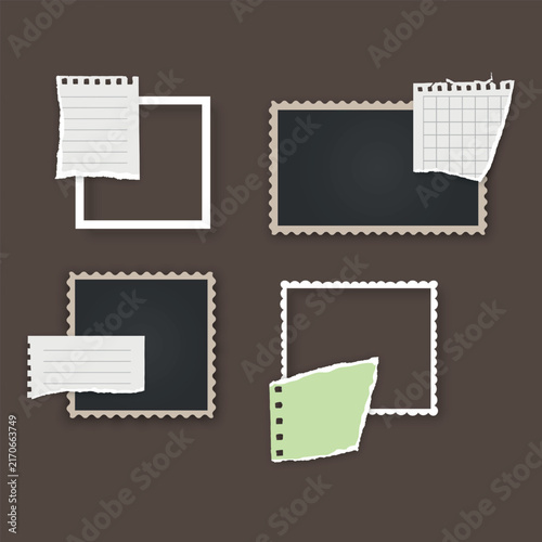 Set of vintage photo frames with pieces of checkered notebook paper and perforated edges Perfect for scrapbooking, collages, photo album design, social media, and creative projects