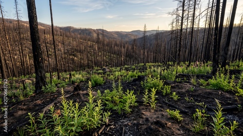 Forest Wildfire destruction and ecological recovery with new green plant growth in burnt woodland