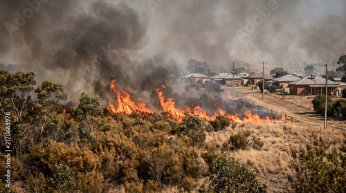 Forest Wildfire threatening residential area with heavy smoke and dangerous flames