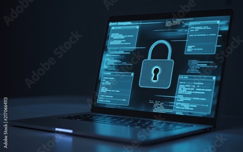 A laptop computer screen displaying lines of programming code and a large glowing padlock representing cybersecurity, data encryption, and secure software development process