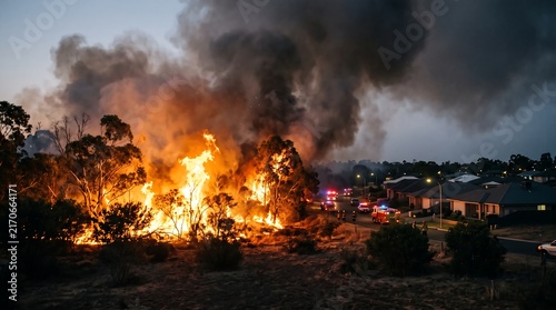 Forest wildfire threatening residential neighborhood with massive flames and dark smoke