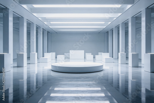A spacious, empty modern art gallery interior with white display pedestals, a circular platform, and polished reflective floors. Bright linear ceiling lighting illuminates the minimalist space.