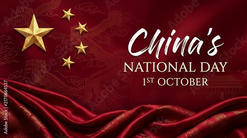 China National Day celebration banner with golden stars and red fabric on October 1st