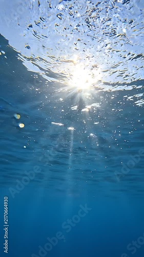 Sunlight filters through clear ocean water, creating shimmering reflections and bubbles, showcasing the beauty of underwater light and movement in a serene aquatic environment