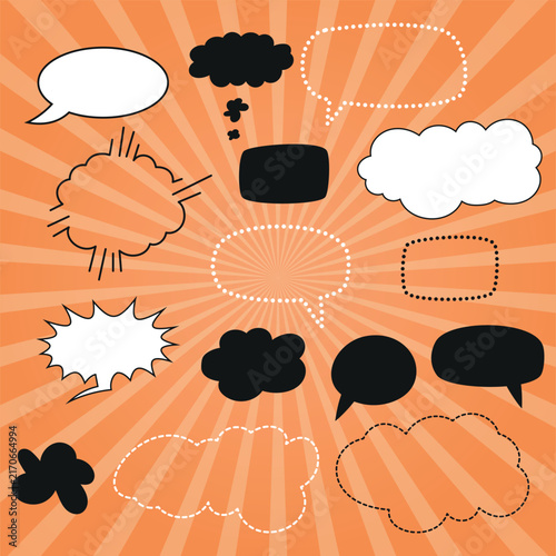 Set of blank speech bubbles and dialogue windows made of dots and dashes On a bright comic book-style background
