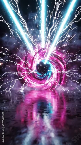 Colorful swirling vortex with beams of light emerging from the center, creating a mesmerizing visual effect against a dark starry background with reflective water surface