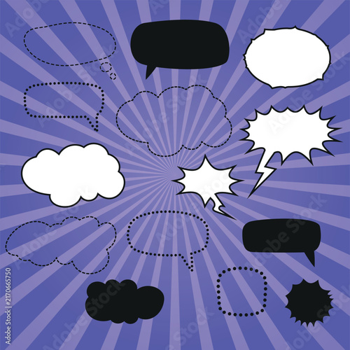 Set of blank speech bubbles and dialogue windows made of dots and dashes On a bright comic book-style background