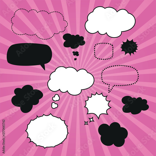 Set of blank speech bubbles and dialogue windows made of dots and dashes On a bright comic book-style background