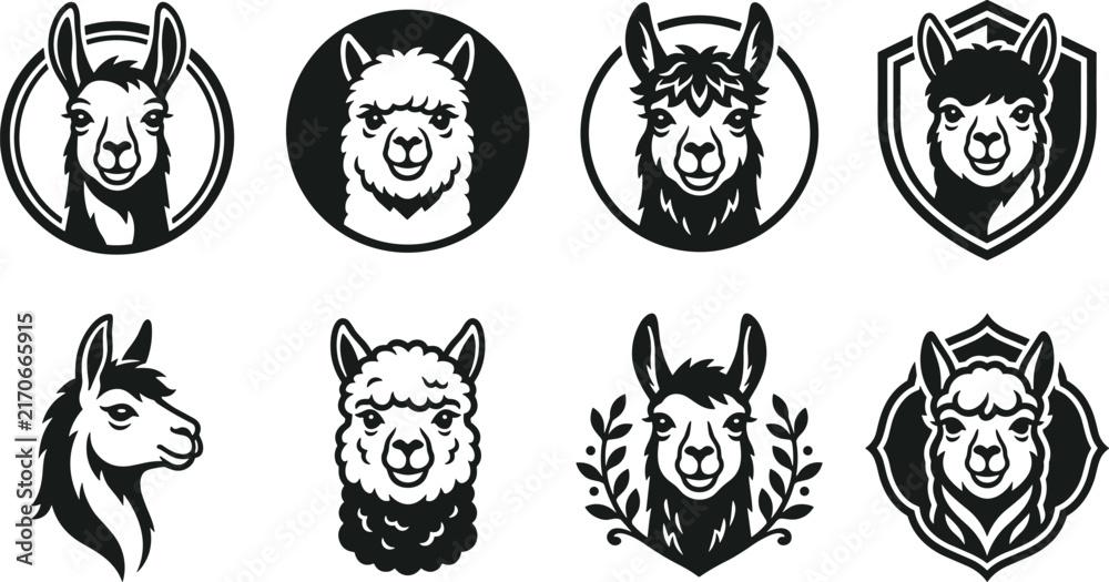 Naklejka premium Set of eight llama and alpaca head and featuring circular frames and shield shapes in black and white