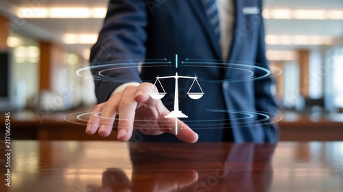 Business executive touching holographic scales of justice in modern office setting representing legal fairness and corporate compliance and ethics