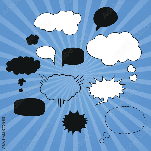 Set of blank speech bubbles and dialogue windows made of dots and dashes On a bright comic book-style background