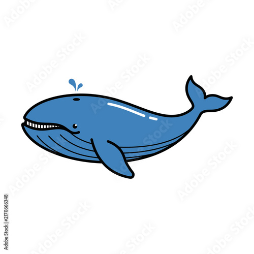 Cartoon blue whale with water spout on its head.