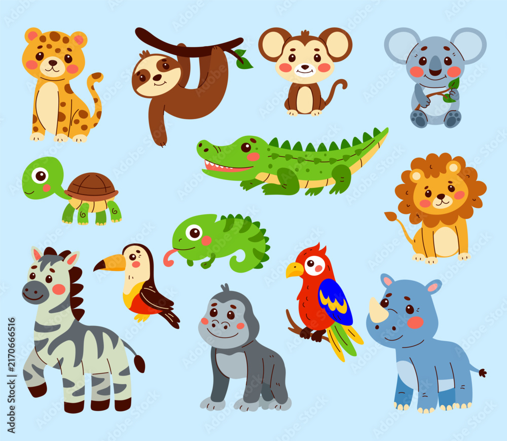 Fototapeta premium Cute baby animals. Cartoon lion and leopard. Jungle zoo for kids. Flamingo, parrot characters. Playful, funny, bright mascots, colorful adorable rainforest savanna mammal. Vector tidy isolated set