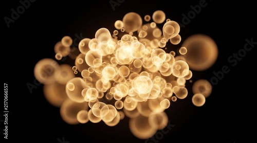 Golden liquid bubbles floating on black background. Glowing amber spheres and translucent orbs cluster. Abstract champagne fizz and soda foam texture