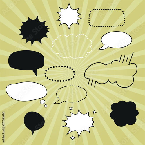 Set of blank speech bubbles and dialogue windows made of dots and dashes On a bright comic book-style background