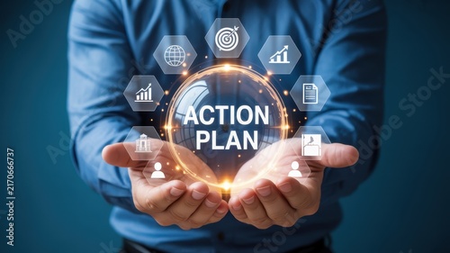 Business holding glowing digital sphere with action plan text and surrounding representing strategic planning, corporate goals, and management development