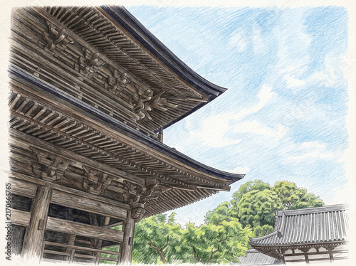 Obraz na płótnie 日本の伝統建築・寺院の山門と青空の景観
