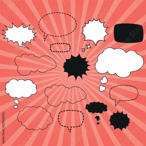 Set of blank speech bubbles and dialogue windows made of dots and dashes On a bright comic book-style background