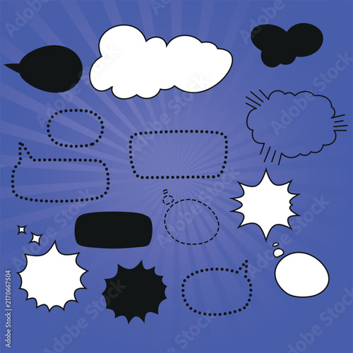 Set of blank speech bubbles and dialogue windows made of dots and dashes On a bright comic book-style background