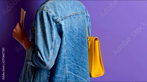 A woman in a denim jacket and orange scarf holds notebooks and a yellow bag against a purple background.