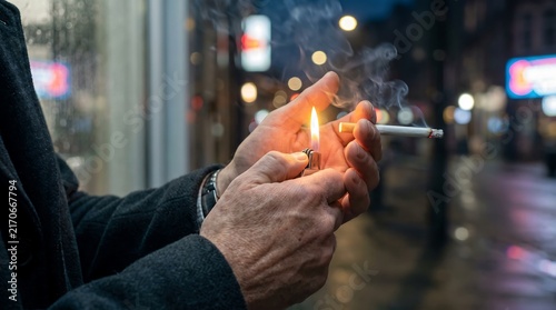 Close-up of a person lighting a cigarette with a small flame against a blurred city street background during the evening hours