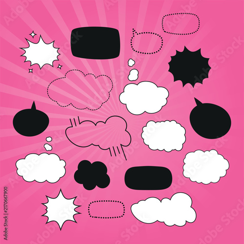 Set of blank speech bubbles and dialogue windows made of dots and dashes On a bright comic book-style background