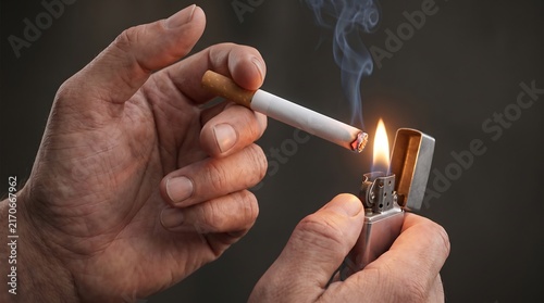 Close up view of a person lighting a cigarette with a metal lighter causing wisps of smoke in a dark and moody atmospheric setting
