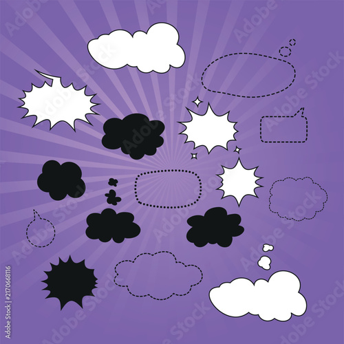 Set of blank speech bubbles and dialogue windows made of dots and dashes On a bright comic book-style background