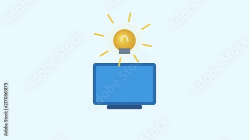 Computer monitor with bright idea lightbulb icon flat solid blue design on light background