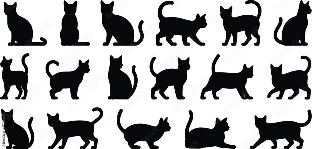 Fototapeta premium A collection of fifteen black cat silhouettes in diverse poses such as walking, sitting, and standing, isolated on a white background, for various applications