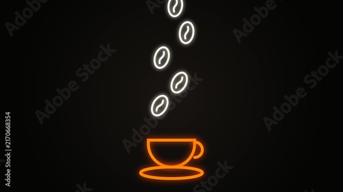 Neon orange coffee cup with continuous falling coffee beans loop on dark vignette background