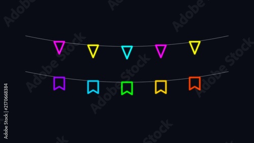 Colorful triangle bunting flags and ribbon markers appearing on black background party decoration