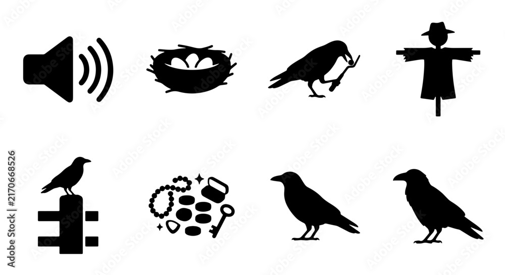 Fototapeta premium Crow Silhouette Icons, Bird Nest, Scarecrow, Sound Symbol, Keys, and Fence Post Vector Set. Minimalist Black Graphics for Autumn and Halloween Themes.
