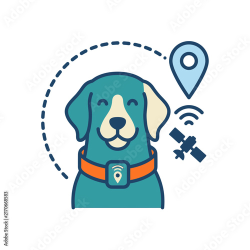 Illustration of a happy dog with a collar and GPS tracking device.